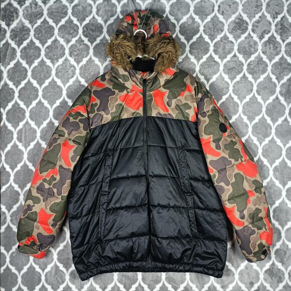 Members Only Jacket Mens XL Camo Black Hooded Faux Fur Lined Puffer Coat Warm - Picture 1 of 14